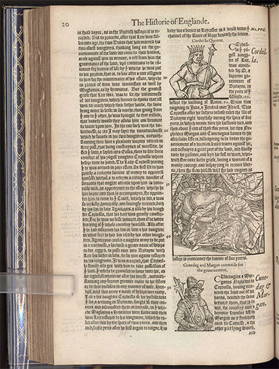 Raphael Holinshed, The Firste Volume of the Chronicles of England, Scotlande, and Irelande (London, 1577). One of the principal sources for Shakespeare's history plays and tragedies, in this case King Lear. Image courtesy of Harry Ransom Center.