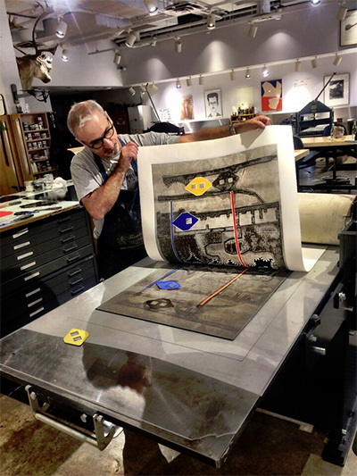 Carmon Colangelo printing monotypes at Rice University in preparation for his exhibition entitled Contingency Plan at the Emergency Room Gallery, through Nov. 22. 