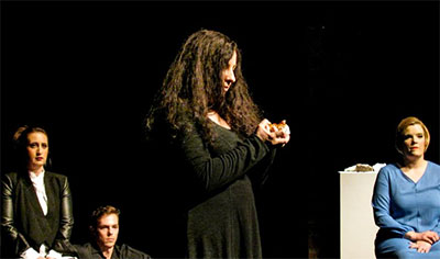 Scene from A musical journey through the Seven Chakras the Saturday night performance at the Crowley Theater featuring (l to r) Samantha Malk, mezzo-soprano; Jeremy Hirsch, bass-baritone; Francesca Mondanaro, soprano; and Amy Shoremount-Obra, soprano. 