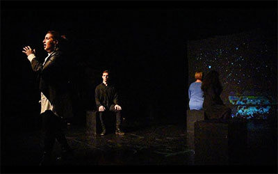 Scene from A musical journey through the Seven Chakras the Saturday night performance at the Crowley Theater featuring (l to r) Samantha Malk, mezzo-soprano; Jeremy Hirsch, bass-baritone; Amy Shoremount-Obra, soprano; and Francesca Mondanaro, soprano. 