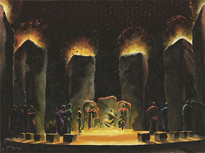 Norman Bel Geddes, A rendering of King Lear's throne, circa 1917, watercolor on paper, 14 7/8 x 20 1/16 inches. Image courtesy of the Edith Lutyens and Norman Bel Geddes Foundation.