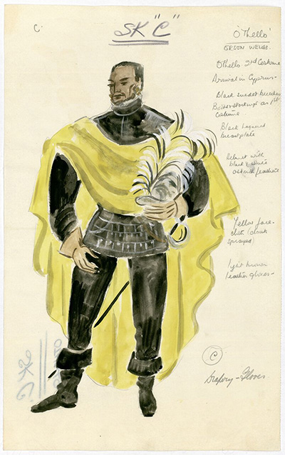 A costume design (after Motley) for Orson Welles in the role of Othello, circa 1951. Image courtesy of Harry Ransom Center.