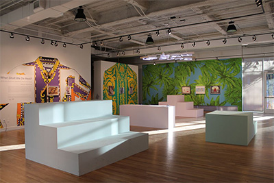 What Shall We Do Next? exhibition installation, on view at DiverseWorks through March 19, 2016. Wall murals and furniture by Versace Versace Versace. Courtesy of DiverseWorks. Photo: Rachel Cook.