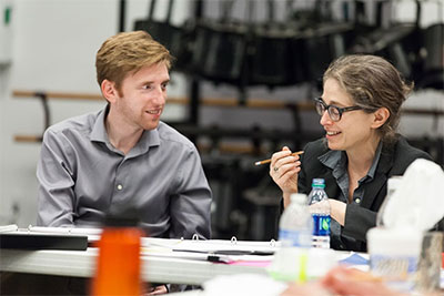 Composer David Hanlon and Librettist Stephanie Fleischmann in a workshop for HGOco's The Root of the Wind is Water. Photo by Lynn Lane.