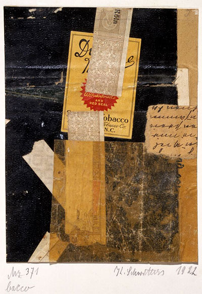 Kurt Schwitters, Mz 371 bacco, 1922. Bookcloth, printed paper, ink, and paper on card, image: 6 1/4 × 4 7/8 in. (15.9 × 12.4 cm), sheet: 11 x 7 1/2 in. (27.9 x 19.1 cm). The Menil Collection, Houston. © Artists Rights Society (ARS), New York / VG Bild-Kunst, Bonn.