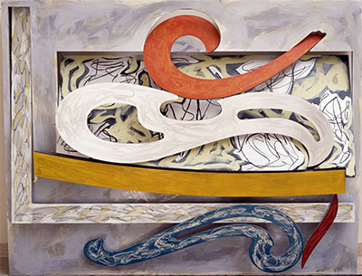 Frank Stella, Eskimo Curlew, 1976. Litho crayon, etching, lacquer, ink, glass, acrylic paint, and oil stick on aluminum. 98 3/4 x 127 x 18 in. (250.8 x 322.6 x 45.7 cm). Portland Art Museum, Portland, Oregon; museum purchase: funds provided by Mr. and Mrs. Howard Vollum 79.36. © 2015 Frank Stella/Artists Rights Society (ARS), New York.