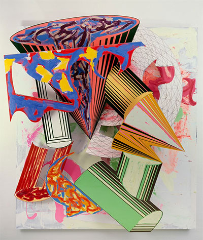Frank Stella, Gobba, zoppa e collotorto, 1985. Oil, urethane enamel, fluorescent alkyd, acrylic, and printing ink on etched magnesium and aluminum. 137 x 120 1/8 x 34 3/8 in. (348 x 305 x 87.5 cm). The Art Institute of Chicago; Mr. and Mrs. Frank G. Logan Purchase Prize Fund; Ada Turnbull Hertle Endowment 1986.93. © 2015 Frank Stella/Artists Rights Society (ARS), New York.