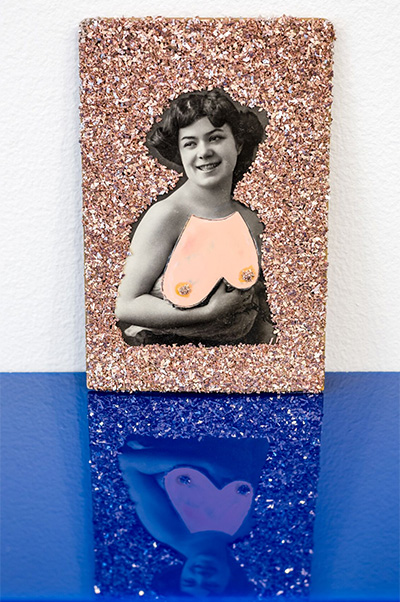 Margaret Meehan, I’m for Sexual Freedom- detail, 2015 Vintage cabinet card, graphite, gouache glitter glass, wood and plexi 81/2 x 7 x 7 inches.