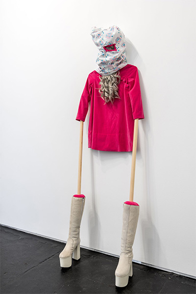 Margaret Meehan, John Merrick, 2015 Vintage dress and gogo boots, fabric, thread, wood, polyfil and wig 76 x 23 inches.