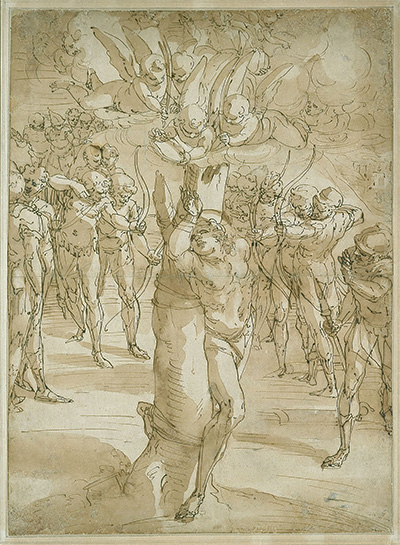 Luca Cambiaso The Martyrdom of Saint Sebastian, c. 1560 Pen and brown ink with brush and brown wash over traces of black chalk on cream antique laid paper 22 3/8 x 16 7/16 in. Blanton Museum of Art, The Suida-Manning Collection, 1999.