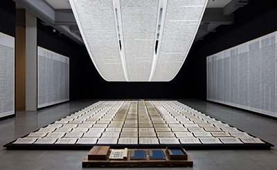 Xu Bing Book from the Sky 1987–91 Installation of books and scrolls printed from carved wood types of invented characters; ink on paper Dimensions variable Installation view at Taipei Fine Art Museum, Taiwan, 2014 Courtesy of Xu Bing Studio.