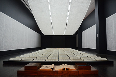 Xu Bing Book from the Sky 1987-91 Mixed media installation / Hand-printed books and scrolls printed from blocks inscribed with ''false'' characters. Installation view at Xu Bing: Book from The Sky at Blanton Museum of Art, TX, U.S.A., 2016 Courtesy of Xu Bing Studio Photo Courtesy of Tianchu Xu.