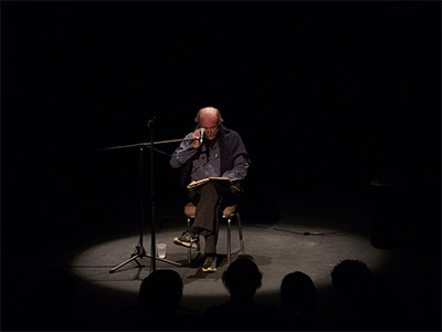 Alvin Lucier performs I Am Sitting in a Room 1970 at the Crowley Theater on May 28, 2016.Photo by Sarah Vasquez.