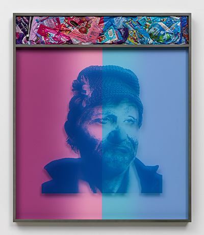 Tropical Hobo, 2014, ink on paper and plexiglas, aluminum, paint, mixed media , 43.75 x 37 x 2.25 in. (111.1 x 94 x 5.7 cm). Collection of Greg Hodes and Heidi Hertel. Photo: Fredrik Nilsen, Courtesy of David Kordansky Gallery, Los Angeles, CA.