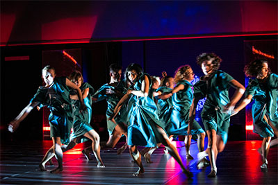 Alyssa Johnson, Taryn Lavery, Clay Moore, Alexa Capareda, Connor Timpe, Katie Hopkins, Hailley Laurèn, Felicia McBride and Sarah Navarrete in ARCOS Dance production of DOMAIN. Photo by Chian-Ann Lu.