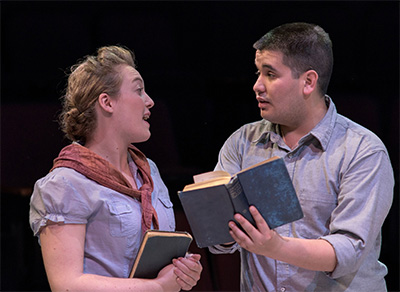 Benjamin Bazan and Kathleen Brown in the ZACH Theatre's 2016 bilingual production of Tomás and the Library Lady, based on Mexican-American author Pat Mora's book chronicling the true-life journey of Tomás Rivera, produced in partnership with Texas Theatre and Dance. Photo by Kirk Tuck.