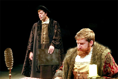 Thomas Cromwell (Joel Grothe) and King Henry VIII (Blake Weir).