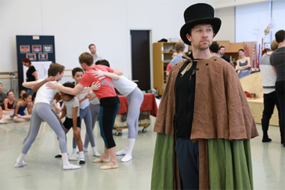 Ian Casady as Drosselmeyer and artists of the Houston Ballet rehearsing Stanton Welch’s new Nutcracker. Photo by Amitava Sarkar.