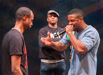 Playwright/Actor NSangou Njikam, Kevin Mambo and Kamal Angelo Bolden in the workshop performance of Syncing Ink, Alley All New Festival, 2016. Photo by John Everett.