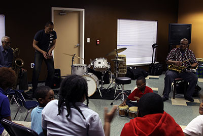 The Ethnic Heritage Ensemble leading a workshop at Corder Place. 