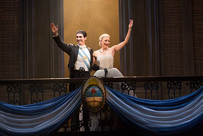 Sean MacLaughlin stars as Juan Peron and Caroline Bowman stars as Eva Peron - photo by Richard Termine. 