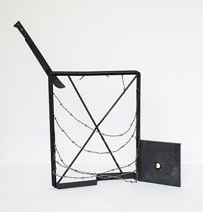 Melvin Edwards, Ventana a Isla Negra, ca. 1973. Welded steel and barbed wire 44 3/8 x 48 x 20 inches (112.7 x 121.9 x 50.8 cm) Courtesy Alexander Gray Associates, New York; Stephen Friedman Gallery, London © 2015 Melvin Edwards / Artists Rights Society (ARS), New York Photo: Jeffrey Sturges.