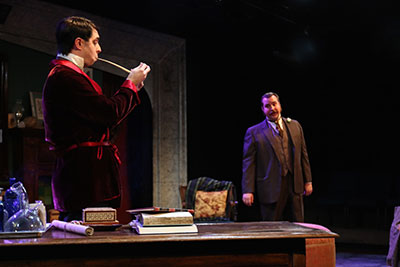 John Johnston as Sherlock Holmes and Andrew Love as Dr. Watson  in Classical Theatre's production of The Speckled Band: An Adventure of Sherlock Holmes. Photo by Pin Lim. 