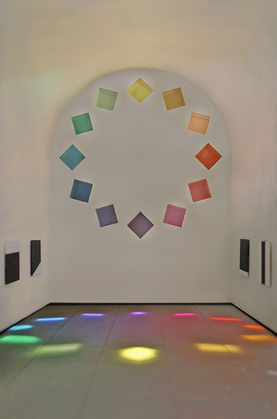 Ellsworth Kelly, Austin, 2015 (model; interior view). Artist-designed building with installation of colored glass windows, marble panels, and redwood totem, 60 ft. x 73 ft. x 26 ft. 4 in. Image courtesy the Blanton Museum of Art, The University of Texas at Austin.