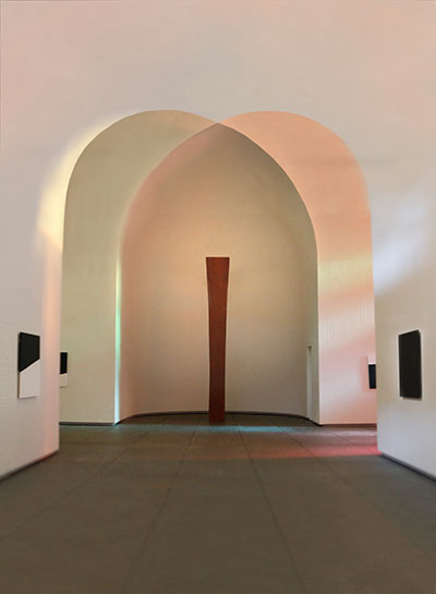 Ellsworth Kelly, Austin, 2015 (model; interior view). Artist-designed building with installation of colored glass windows, marble panels, and redwood totem, 60 ft. x 73 ft. x 26 ft. 4 in. Image courtesy the Blanton Museum of Art, The University of Texas at Austin.