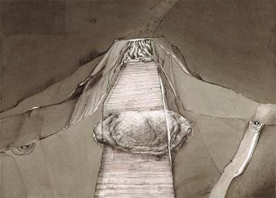 Lucas Johnson, Freedom of Choice (Drawings from the Underworld), 1993, ink & ink wash/paper, 22 1/4" x 30 1/2”. Courtesy of Moody Gallery, Houston, Texas.