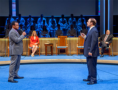 (L-R) Shawn Hamilton as Associate Pastor Joshua, Emily Trask as Elizabeth, the Pastor’s Wife, Richard Thieriot as Pastor Paul and Jeffrey Bean as Jay in Alley Theatre’s production of The Christians.