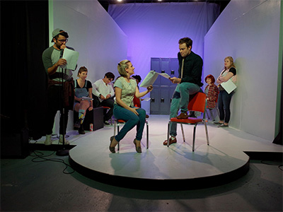 Gerardo Velasquez, Julia Krohn, Matt Hune in the Rec Room production of My So Called Mondays, Photo by Mike Wachs.