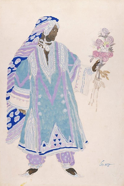 Léon Bakst, Costume design for Indian with a Nosegay in Aladin, ou la Lampe Merveilleuse(Aladdin's Wonderful Lamp), ca. 1919. Watercolor, gouache, and metallic paint on paper, mounted on board. Collection of the McNay Art Museum, Gift of Robert L. B. Tobin.