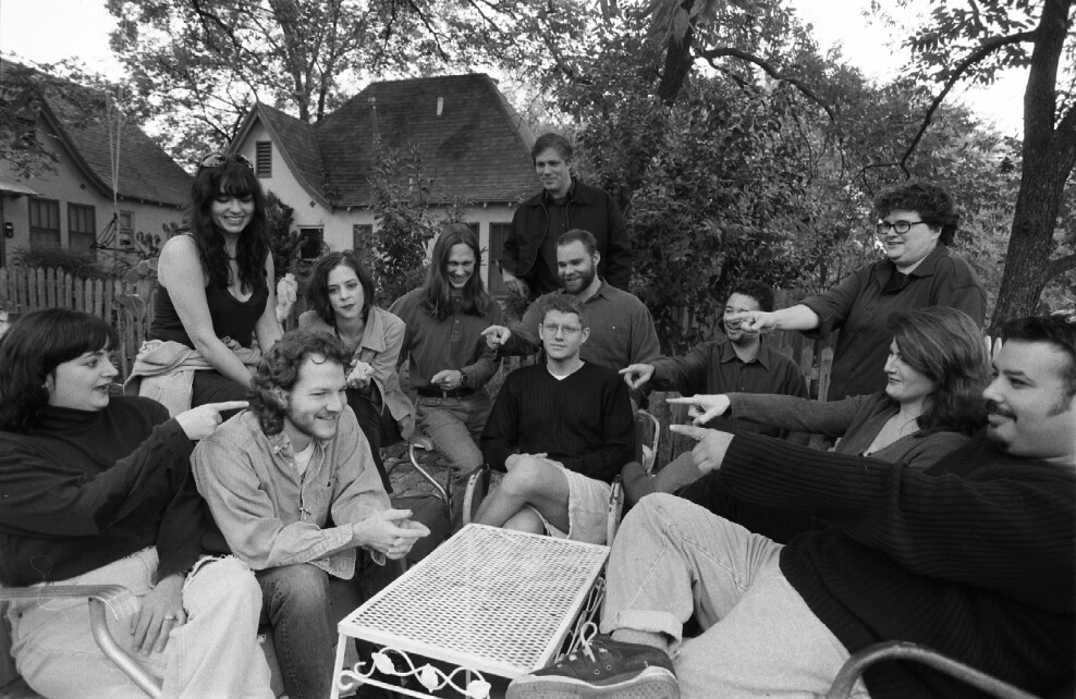 Rude Mechs company members gathered outdoors in 2000.
