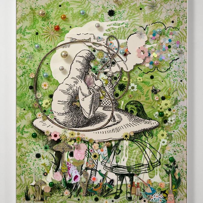 Alice and a caterpillar on a mushroom amid ferns and colorful collage elements.