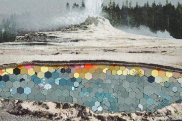 Yellowstone geyser above a pool transformed with colored hexagonal collage pieces.