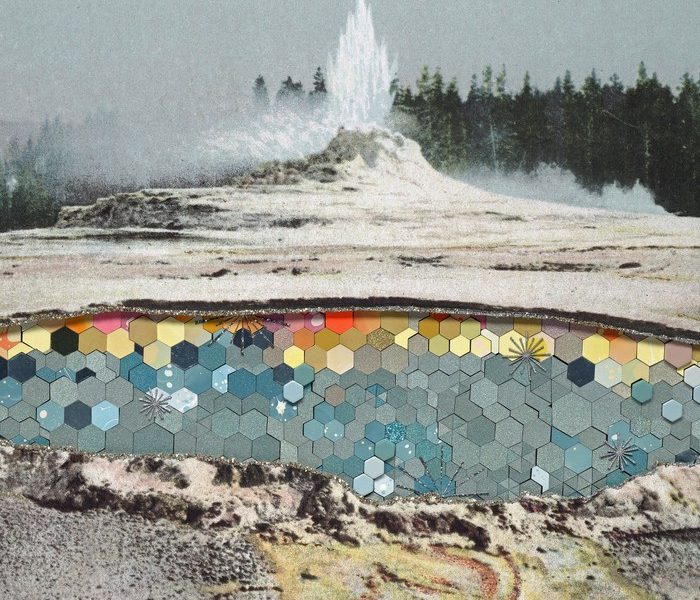 Yellowstone geyser above a pool transformed with colored hexagonal collage pieces.