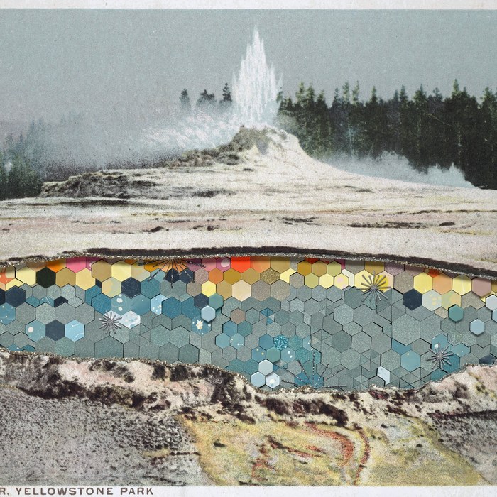 Yellowstone geyser above a pool transformed with colored hexagonal collage pieces.