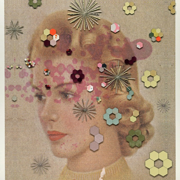 Vintage portrait of a woman with flowers and geometric collage elements.