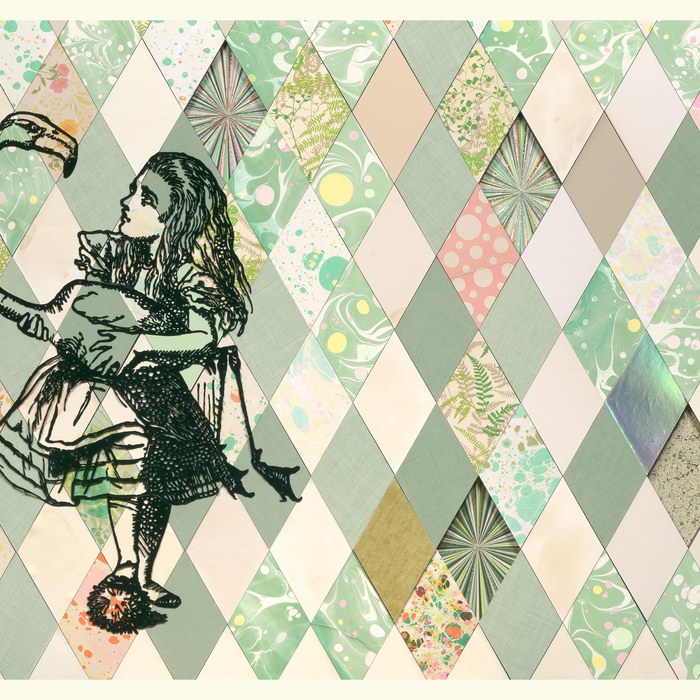 Alice in a marbled diamond-pattern collage by Kelly O’Connor.
